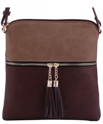 Fashion Puzzle Tassel Zip Pocket Crossbody Bag LP062S STONE/BROWN
